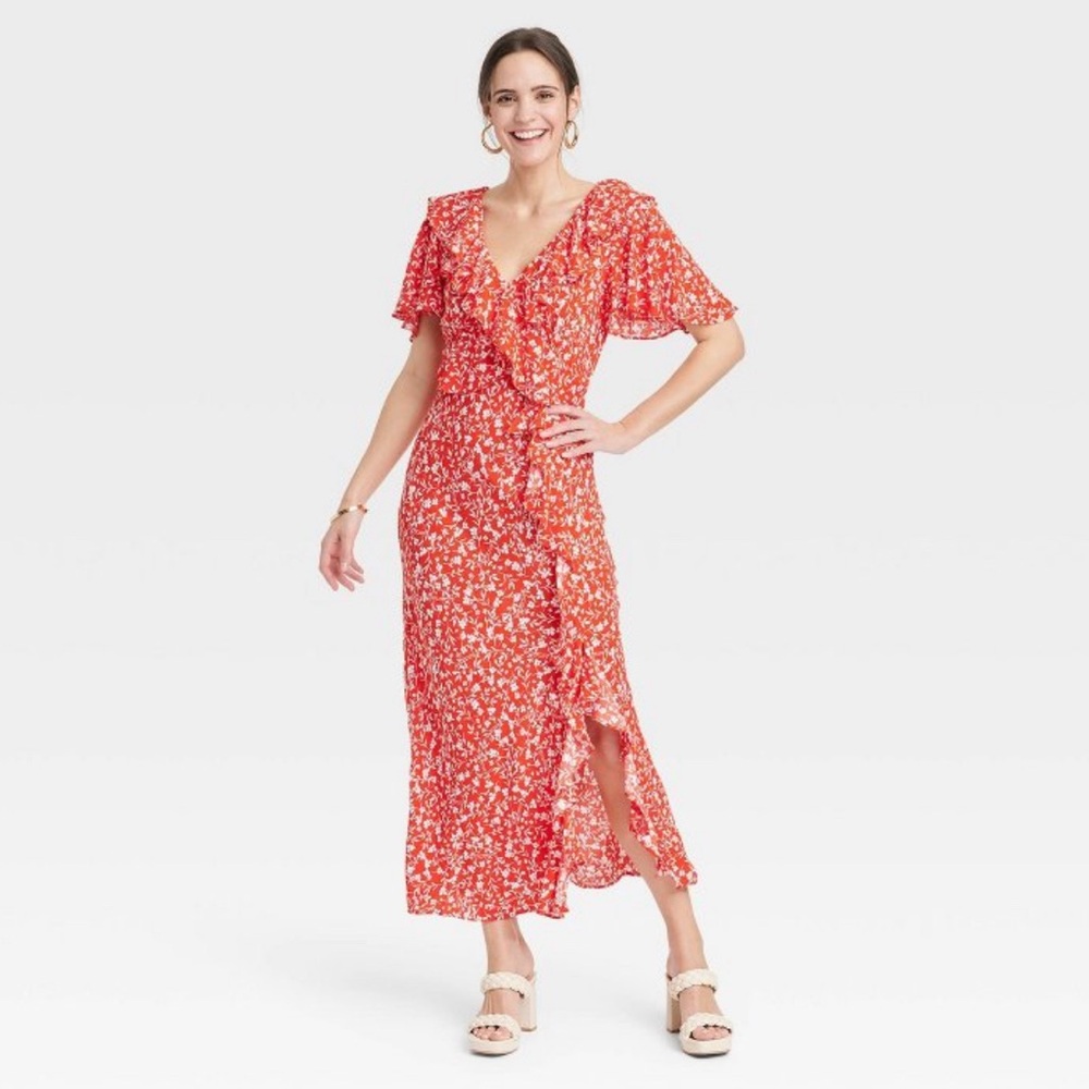 Women's Ruffle Short Sleeve Maxi Dress - A New Day™ Red Floral XS